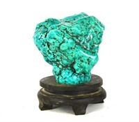 Chinese Carved Turquoise Boulder on Wood Stand