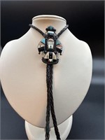 Sterling Silver & Leather American Indian Bolo Tie