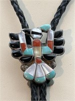 Sterling Silver & Leather American Indian Bolo Tie