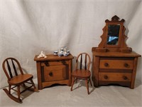 Oak doll furniture & 2 tea sets. D