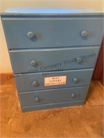 Blue 4 drawer wood dresser. Approximately 3 ft