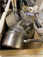 Box lot of pots and pans with lids and a box of