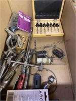 Miscellaneous tools, oil cans , drill bits ,