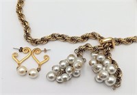 Gold Tone Cultured Pearl Necklace & Earrings