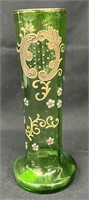 Victorian Enamel Painted Green Glass Vase 7"