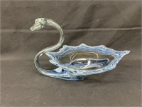 Art Glass Swan w/ Blue Swirl 12" Long x 7 5/8"