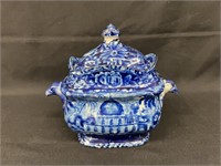 Antique Flo Blue Large Sugar Bowl w/ Lid & Bird