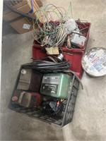 Box of Various Wire, Electric Fence Charger, Misc