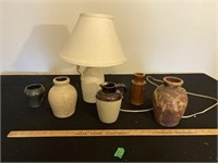 Jugs/ crocks and lamp some have chips and cracks