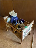Wood doll cradle with contents