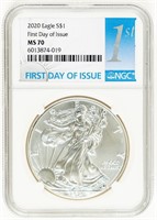Coin 2020 Silver Eagle 1st Day Issue-NGC-MS70