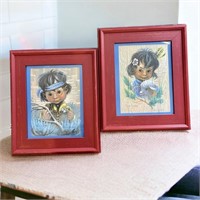 Pair of Framed Native American Children Art