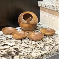 Wooden Orb Rice Serving Bowl With Spoon & 4 Bowls