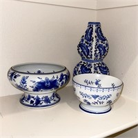 Trio of Blue & White Ceramic Decor Pieces
