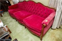 French Provincial Red Velvet Sofa, 88" Long