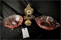 (2) Pink Depression Footed Dishes; (2) Decor