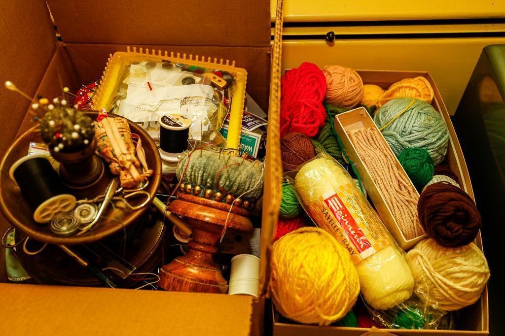 Box of Sewing Notions; Box of Yarn