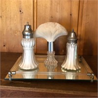 Glass Vanity Tray with Powder Bottles & Brush