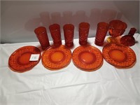 Amber Indiana glass 5 large cups, 4 plates, one