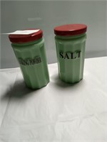 jadite glass baking powder and salt containers.
