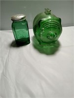 Green depression glass. Piggy bank. Salt shaker.