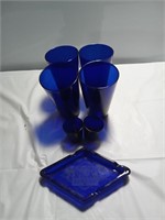 4 cobalt blue drinking glasses with 2 shot