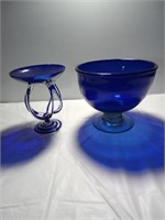 2 vintage Cobalt blue and clear serving dishes