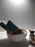 4 vintage books one Milk glass bowl and sisters