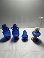 Call bolt blue depression glass with lantern