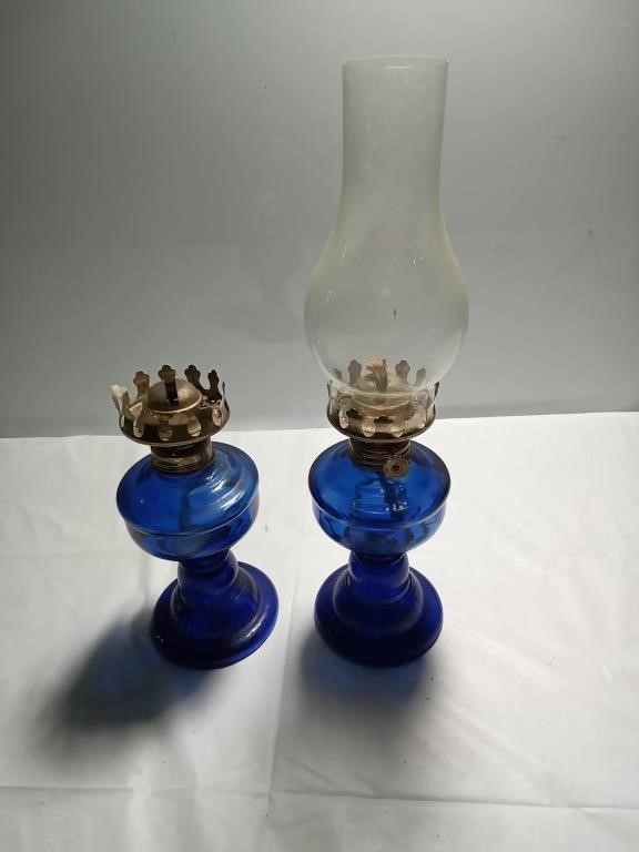 Vintage cobalt blue oil lanterns one missing
