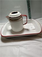 Vintage red and white farmhouse enamel ware