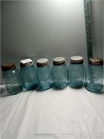 Six blue ball perfect Mason, jars. with lids
