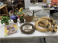 Straw Wreaths, Baskets, Flower Pots with Flowers,