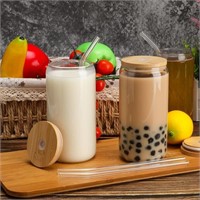 Drinking Glass with Bamboo Lids and Glass Straws