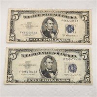 1953 A&B $5 Silver Certificates (2)