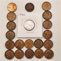 Indian Head & Wheat Cents + 1946 Nickel