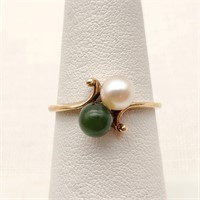 10K Gold Ring Pearl & Jade