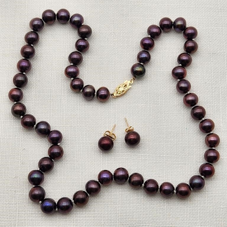 Tahaitian Pearl Necklace & Earrings 14K