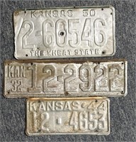 (3) Painted Kansas License Plates : 1932, 1944,