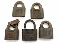 (5) Antique/Vintage Yale Padlocks 3”