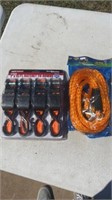 4 pack ratchet tie downs, 14” tow rope
