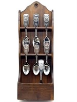 (7) United Silver Co. State Spoons in Wood Rack