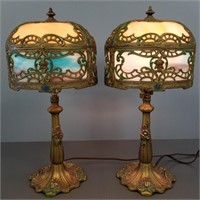 2 matching antique decorated slag glass boudoir