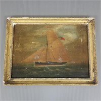 Framed early oil painting on canvas clipper ship -