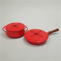 2 Dansk red enamel pots including covered
