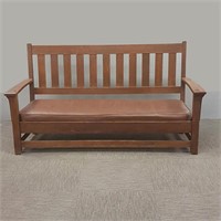 Limberts signed mission oak bench with upholstered