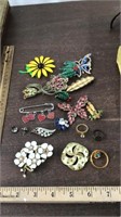 Lapel pins, set of earrings  & 2 old rings