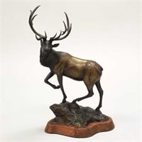Michael Slancik bronze elk on wooden base