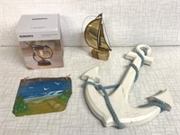 Nautical Lot: Brass/Stone Signed Boat, 24” wooden