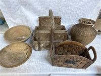2) Wooden Bowls, Wooden Basket & 2) Weared